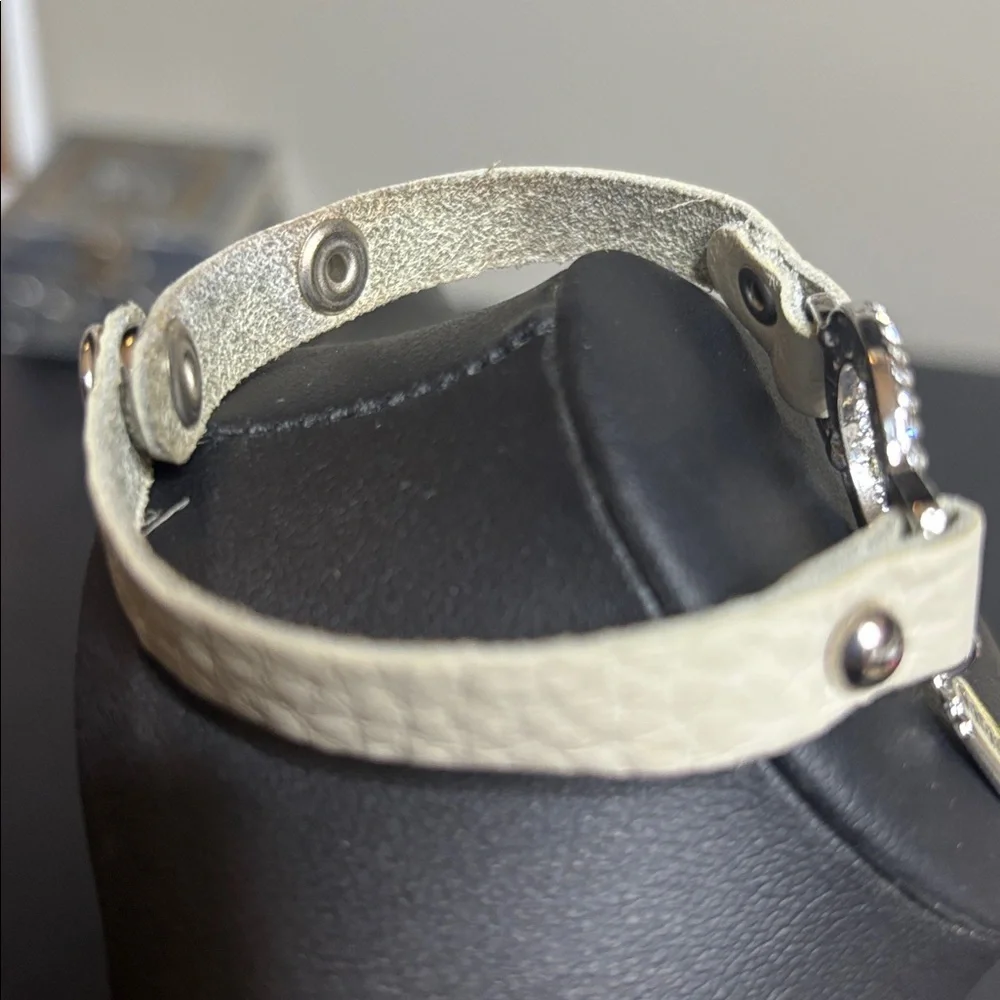 Natasha Couture Cream Leather Bracelet with Silver Crystal Circle